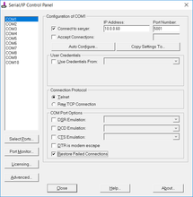 Control virtual serial port settings and properties